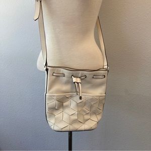 Welden Cream Leather Perforated Hexagon Detail Bucket Crossbody Handbag